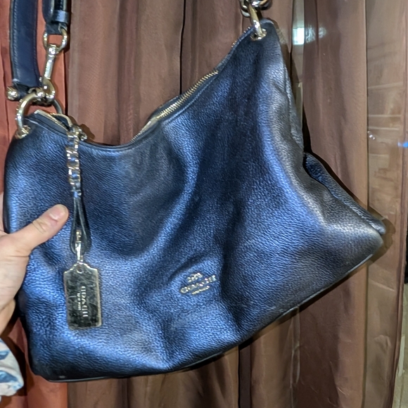 Coach Mia Shoulder Bag Pebble Leather In Navy Blue Silver UPDATED - Picture 13 of 15